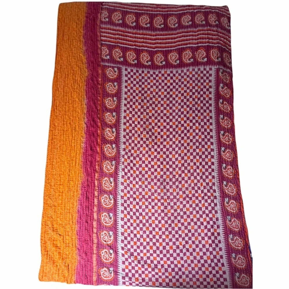 Vintage Kantha Quilt Twin Hand Stitched Sari Patchwork Boho Textile 52” x 80”